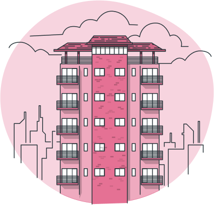 Ilustracja dużego, różowego budynku mieszkalnego z balkonami, na tle chmur i miejskiego krajobrazu. Symbolizuje usługi sprzątania mieszkań i klatek schodowych.
