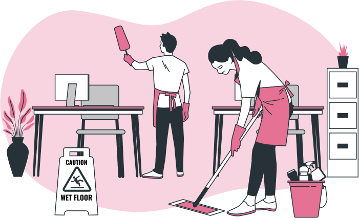 Dwie osoby sprzątające mieszkanie. Kobieta zamiata podłogę mopem, a mężczyzna czyści powierzchnię.